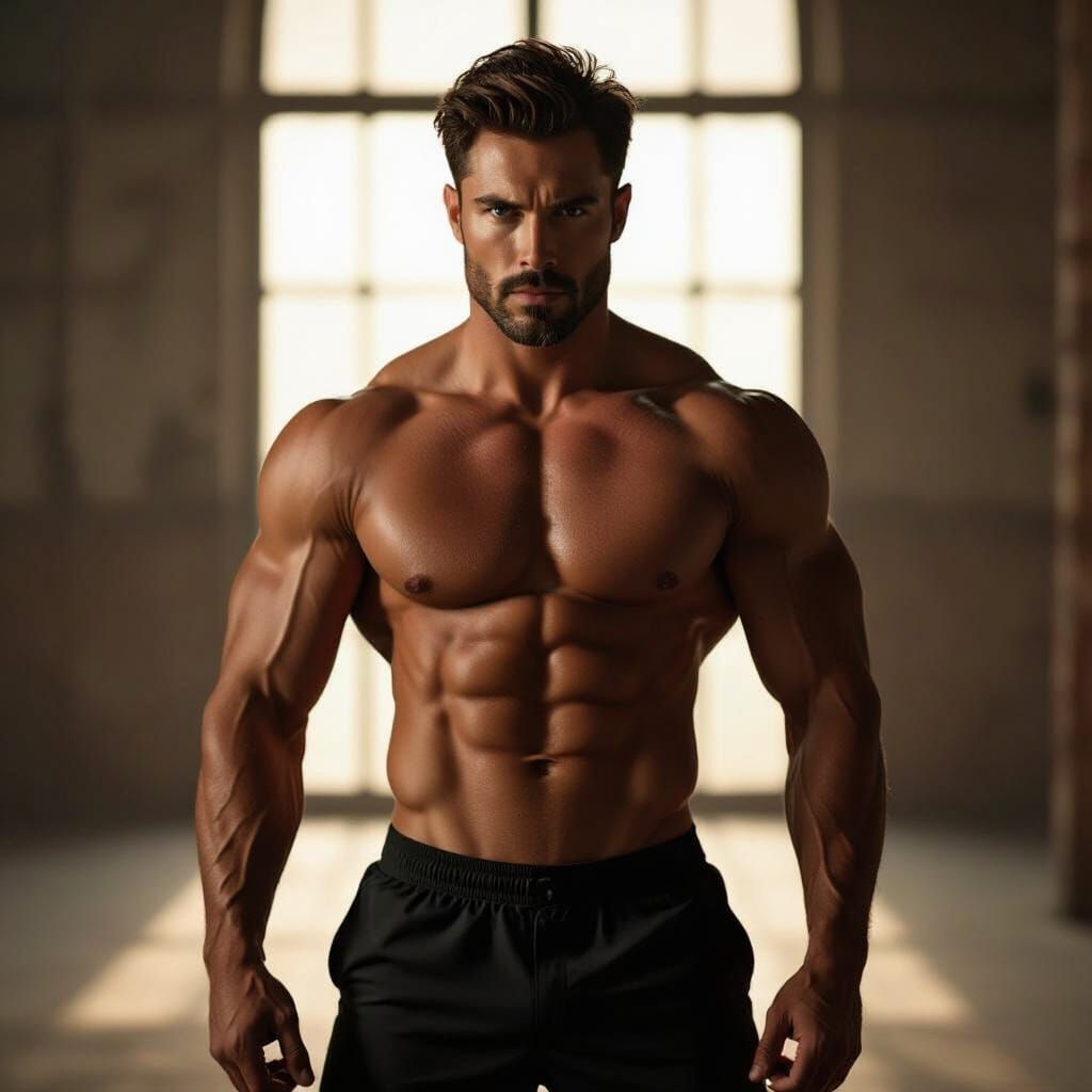 Muscular Man Posing with Defined Abs Cinematic Film Still