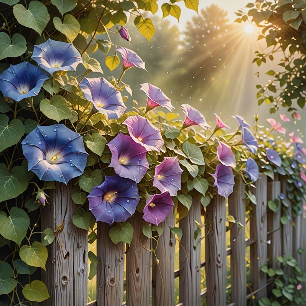 Enchanting Watercolor Morning Glories on Wooden Fence