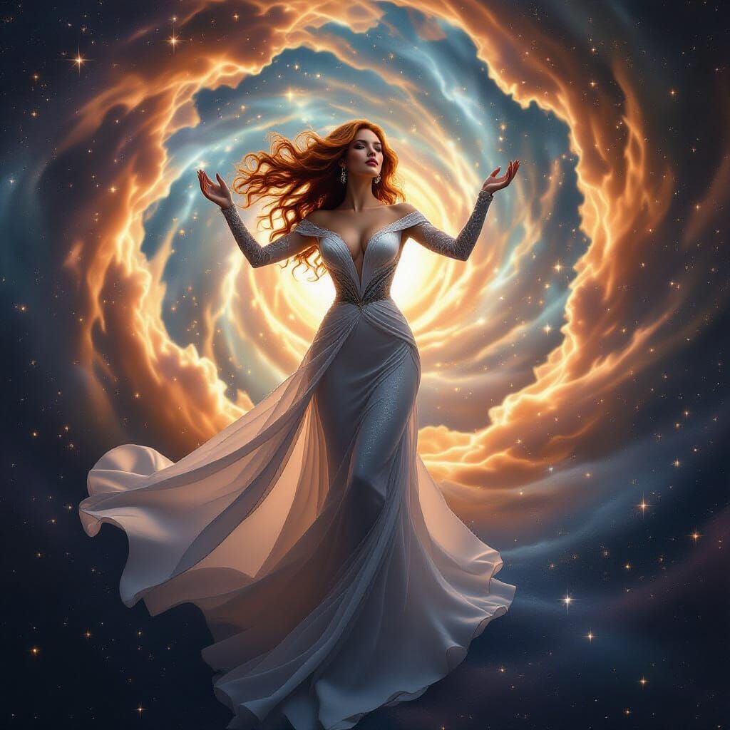 Celestial Woman Conducting a Cosmic Symphony