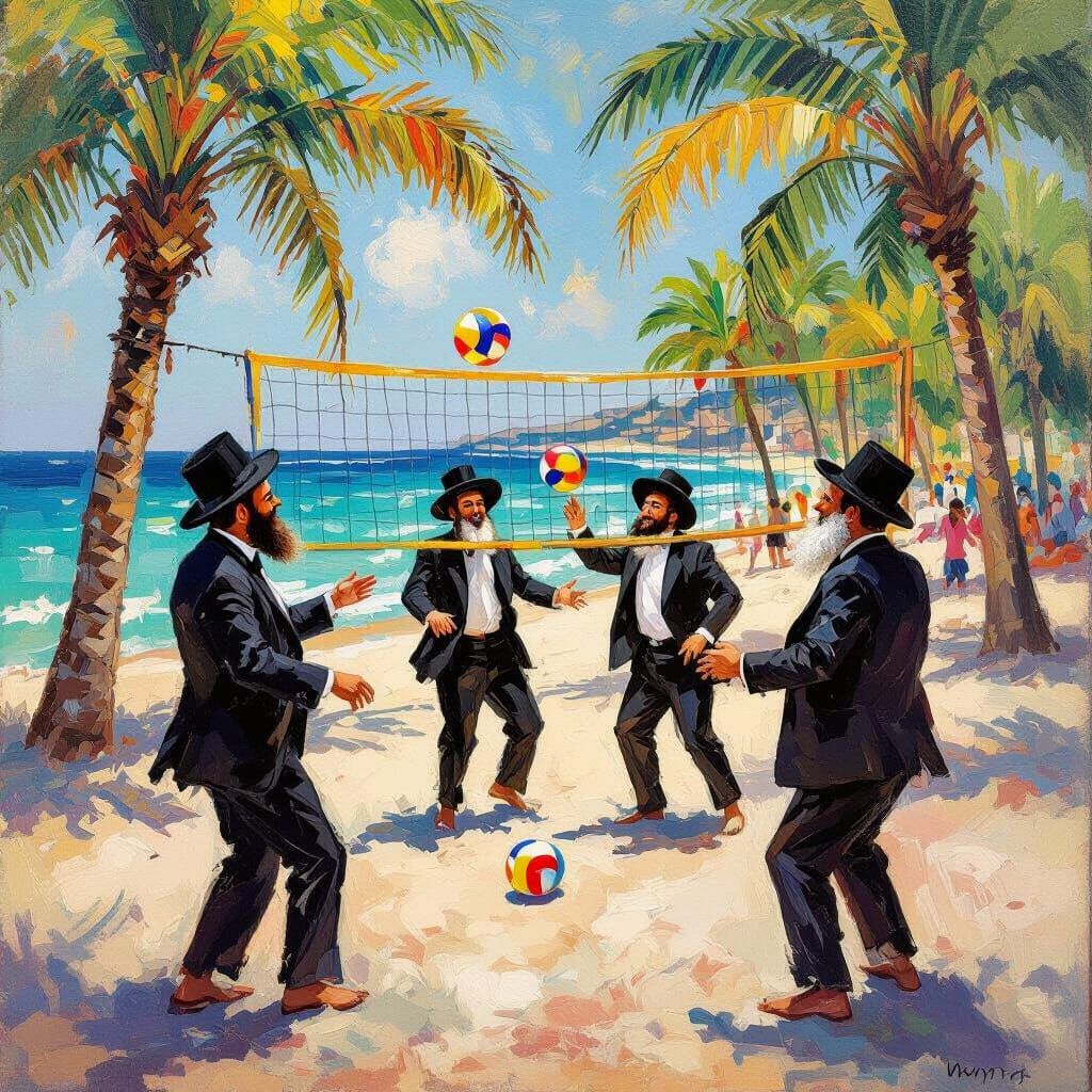 Ultra-Orthodox Men Play Volleyball in Impressionist Style