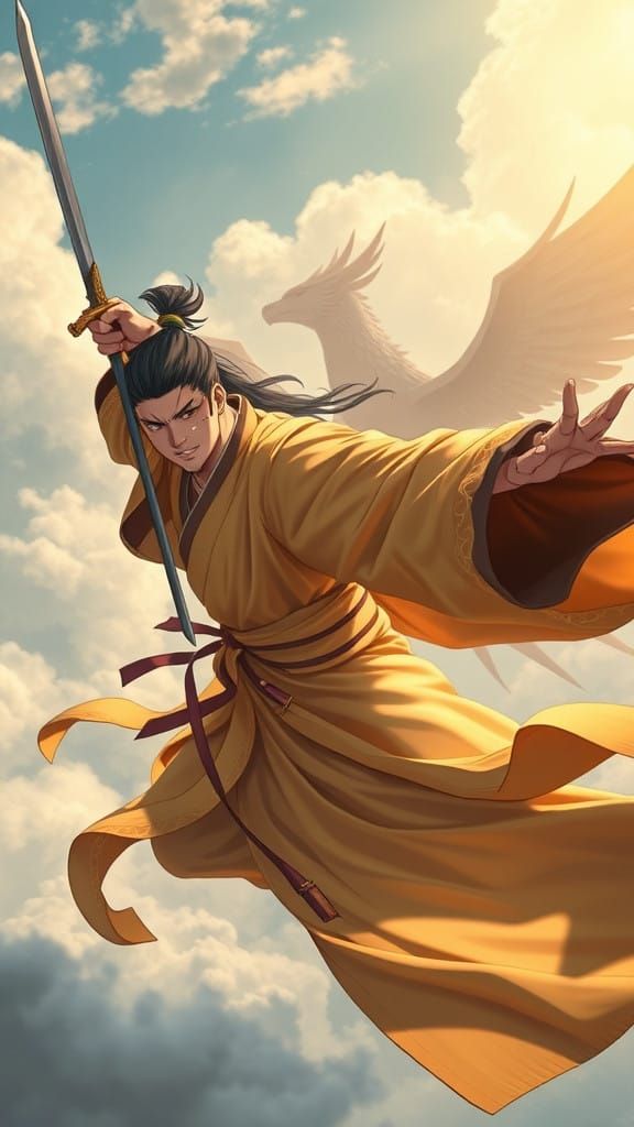 Ethereal Anime Warrior Soars Amidst Clouds with Regal Golden...