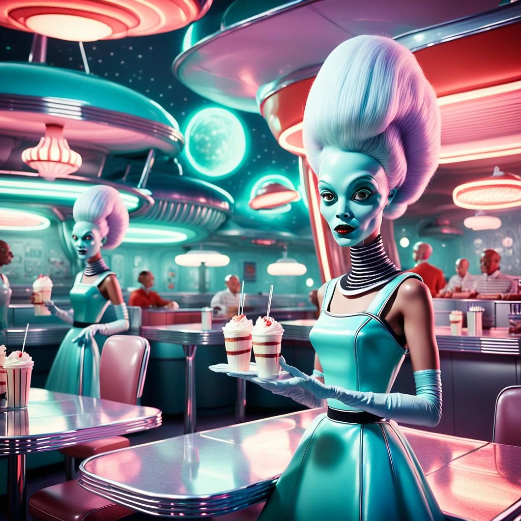 Retro-Futuristic Alien Diner in Space
