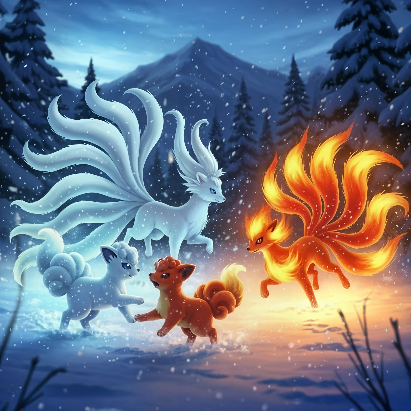 Ice and Fire Vulpix Tumble in Snowy Mountain Clearing