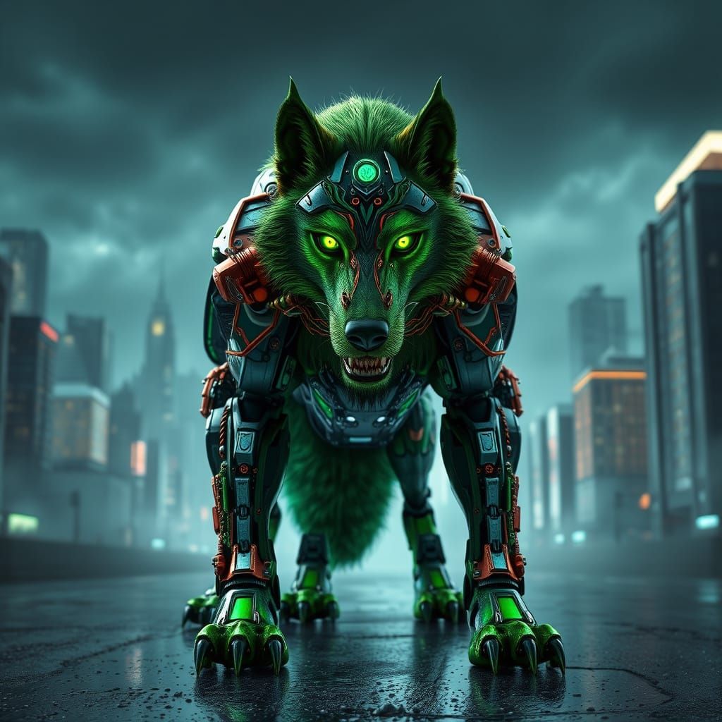 Majestic Green Wolf, Demon of Death in Cyberpunk Dystopia