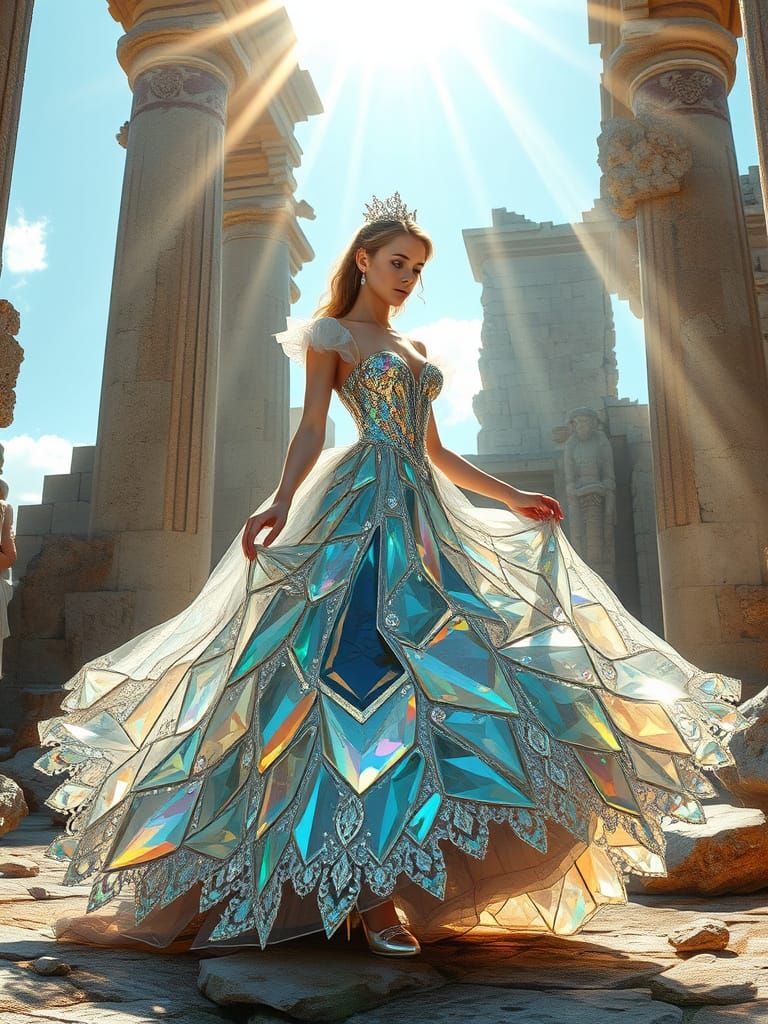 Cinderella in Crystal Gown Amidst Ancient Ruins