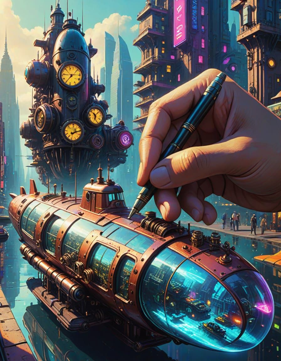 Steampunk Cyberpunk Submarine in Neon City