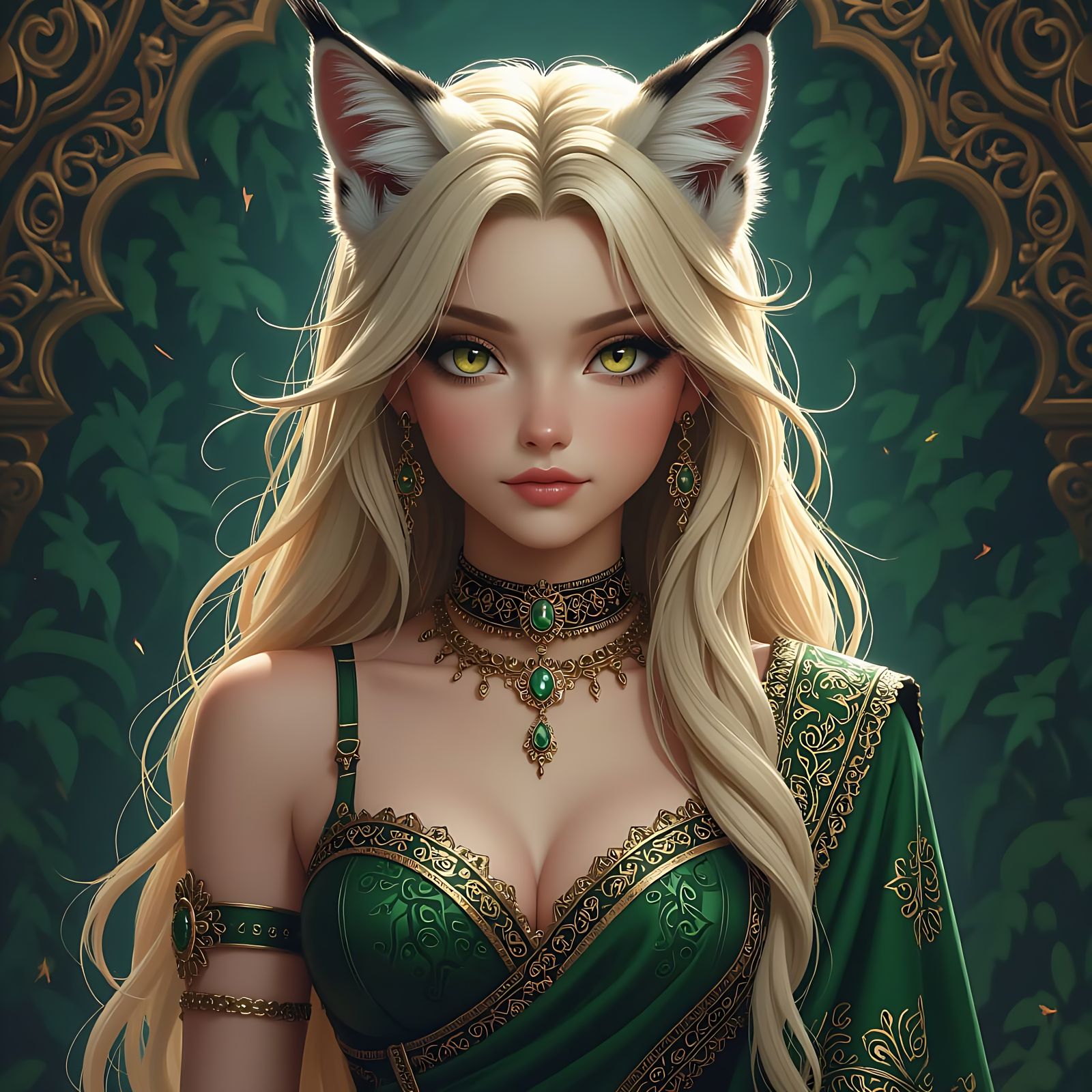 Cat Girl in Sari, Detailed Matte Painting