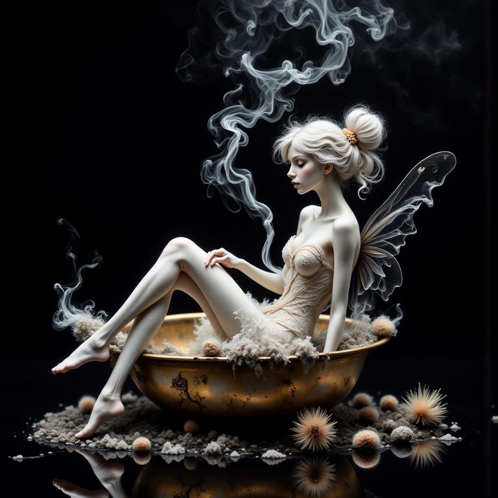 Glowing Smoke Fairy in Whimsical Ashtray Scene