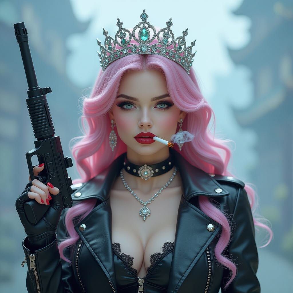 Rebellious Pink-Haired Princess in Dreamy Landscape