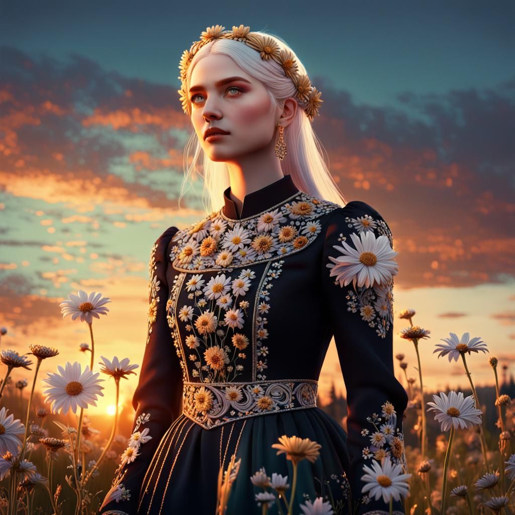 Slavic Woman in Floral Outfit: 3D Fantasy Art