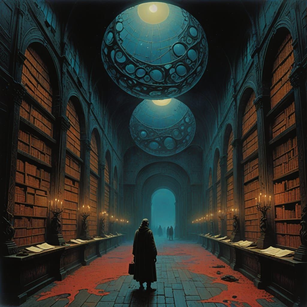 Cosmic Archivist Sorting Celestial Tomes in Void Library