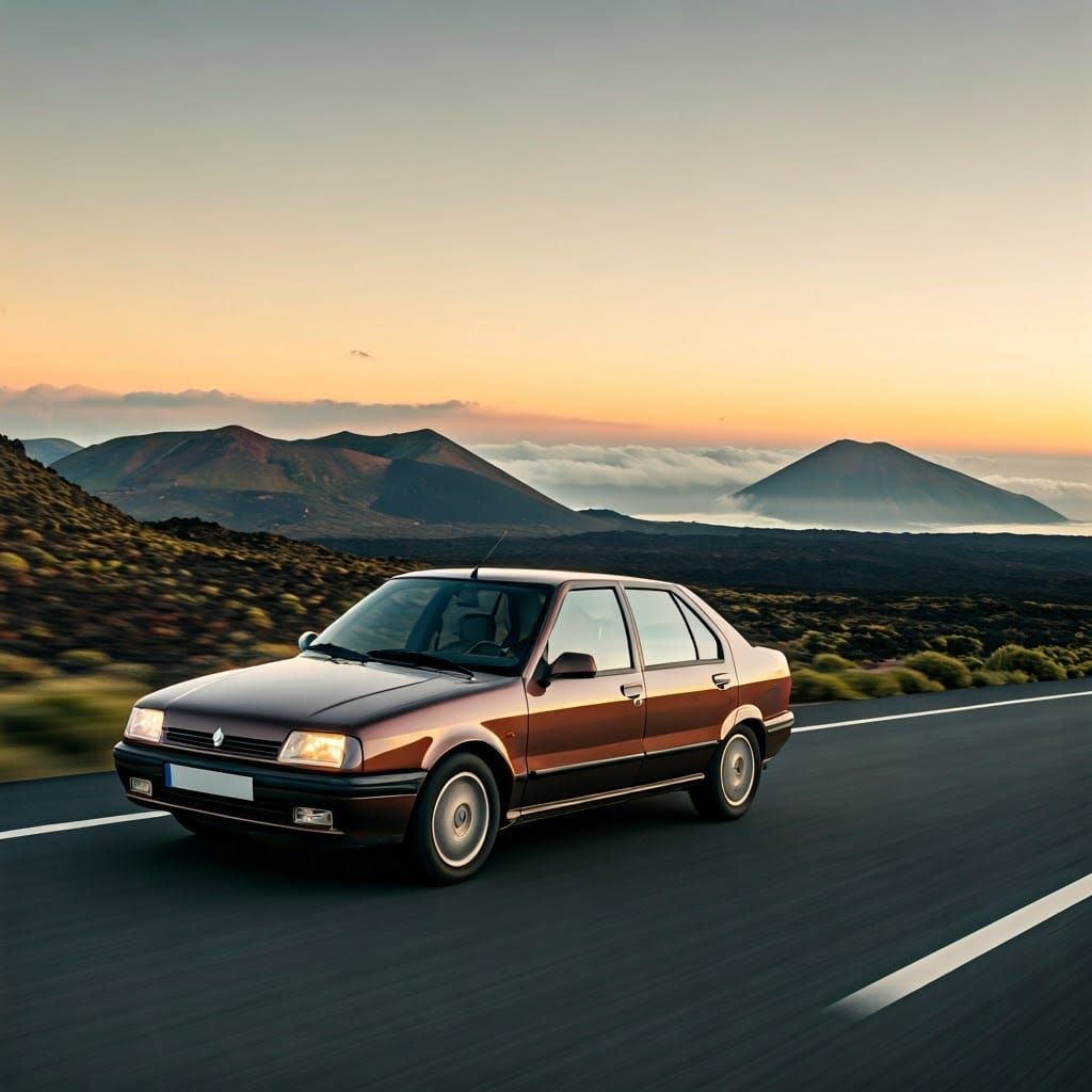 Renault 19 Chamade Cruises Volcans des Puys at Sunset