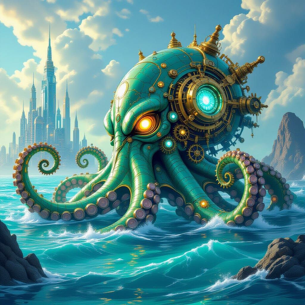 Clockwork Kraken Emerges from Ocean, Digital Art