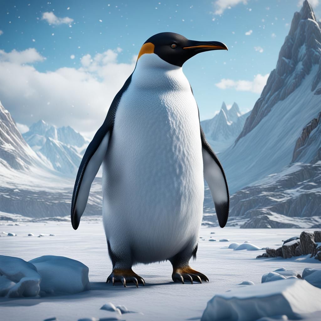 Giant Ice Penguin on Snowy Tundra