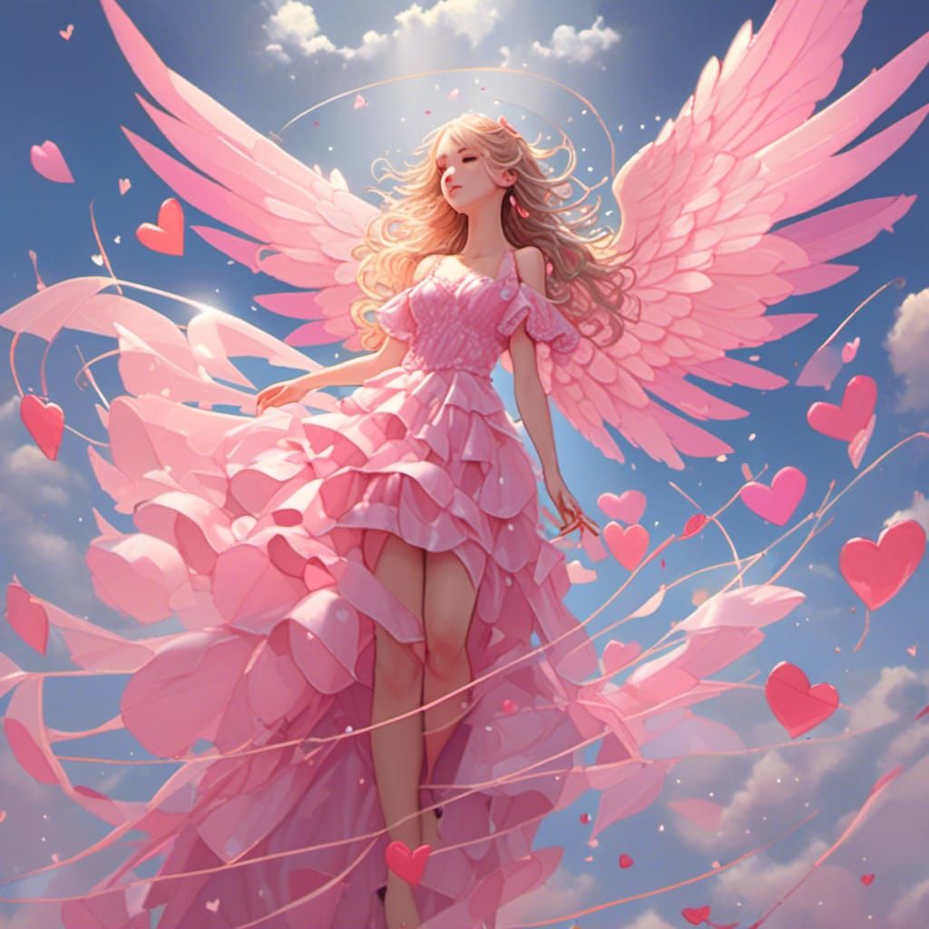 Angel with Pink Rose and Wings in Unreal Style
