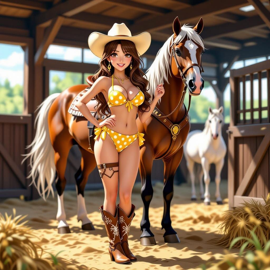 Anime Style Woman and Horse in Barn