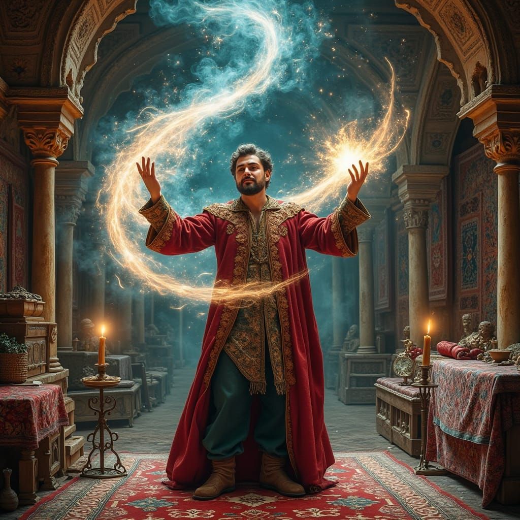 A Persian magician of the 12th century creating magic flying...