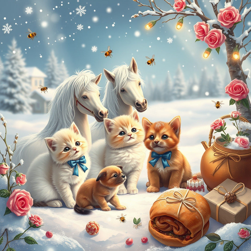 Whimsical Winter Scene with Kittens and Ponies