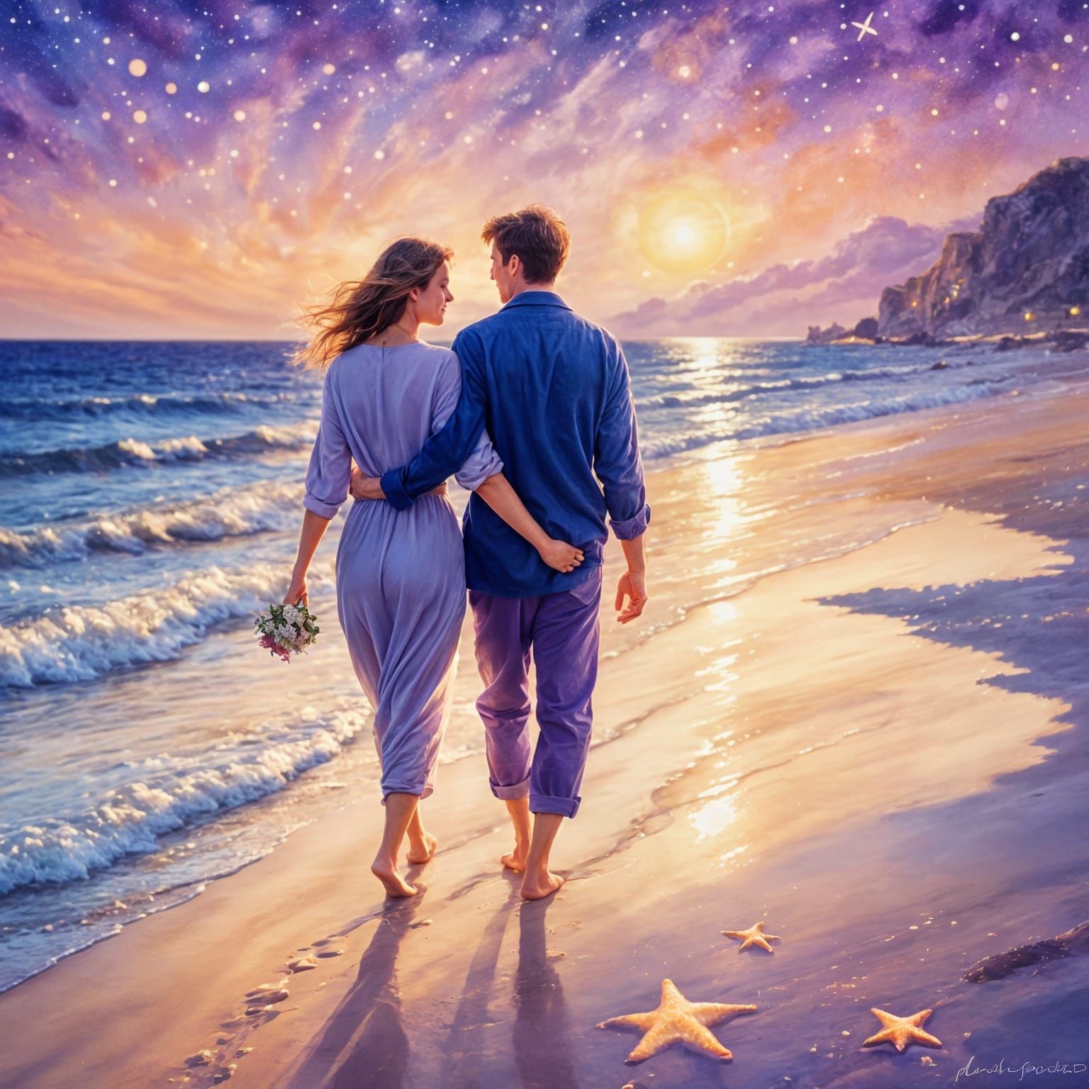Romantic Couple Walking on Beach at Night