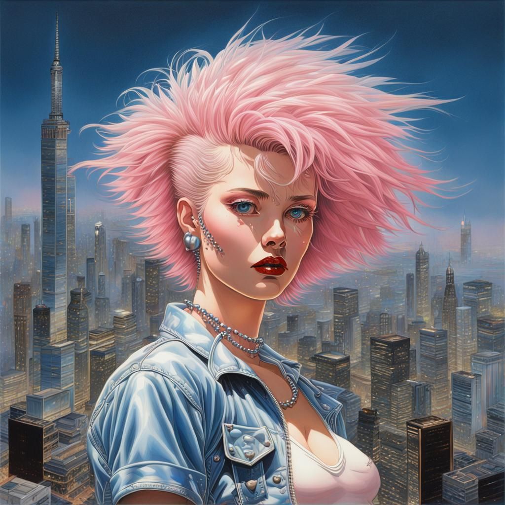 Voluptuous Woman with Pink Hair, Sorayama-Inspired Illustrat...