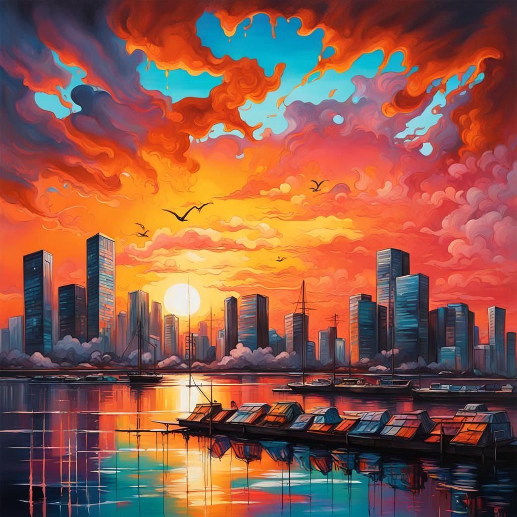 Colorful Sunset Over the Bay in Graffiti Art Style