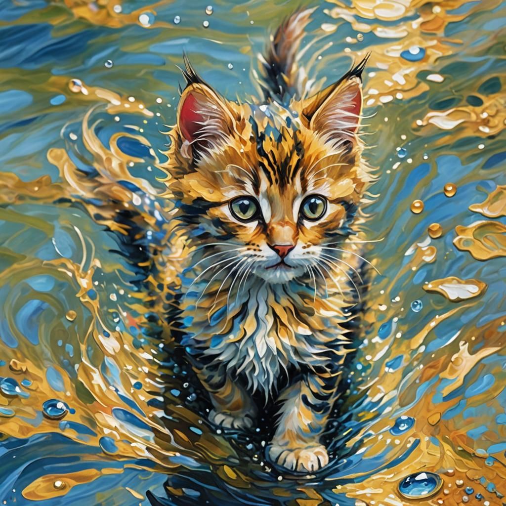 Water Kitten in Expressionist Neo-Impressionist Oil Painting