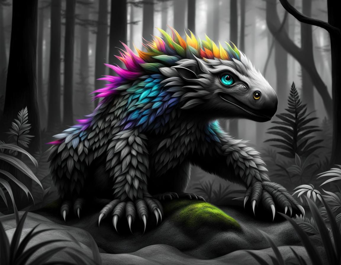 Colorful Creature in Greyscale Fantasy Forest