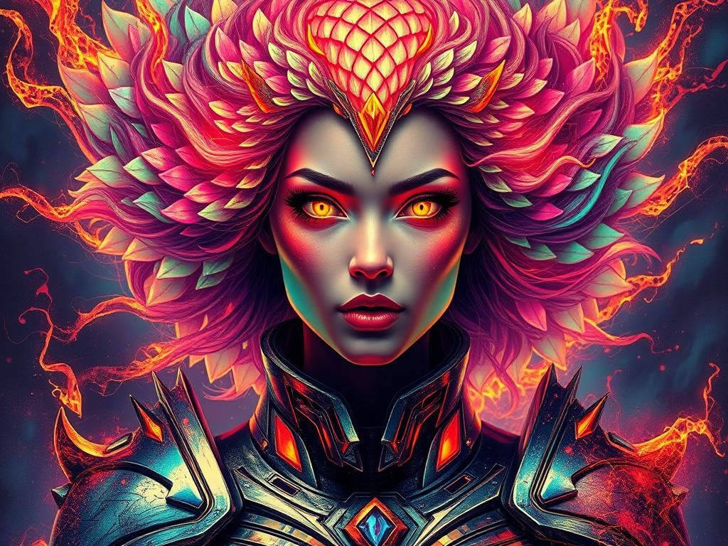 A lady with hair made from glowing dragon scales