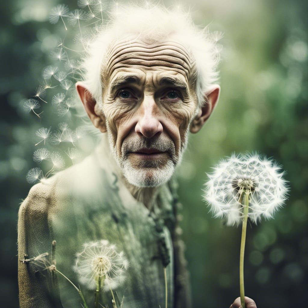 Double Exposure: Elf, Dandelion, and Forest