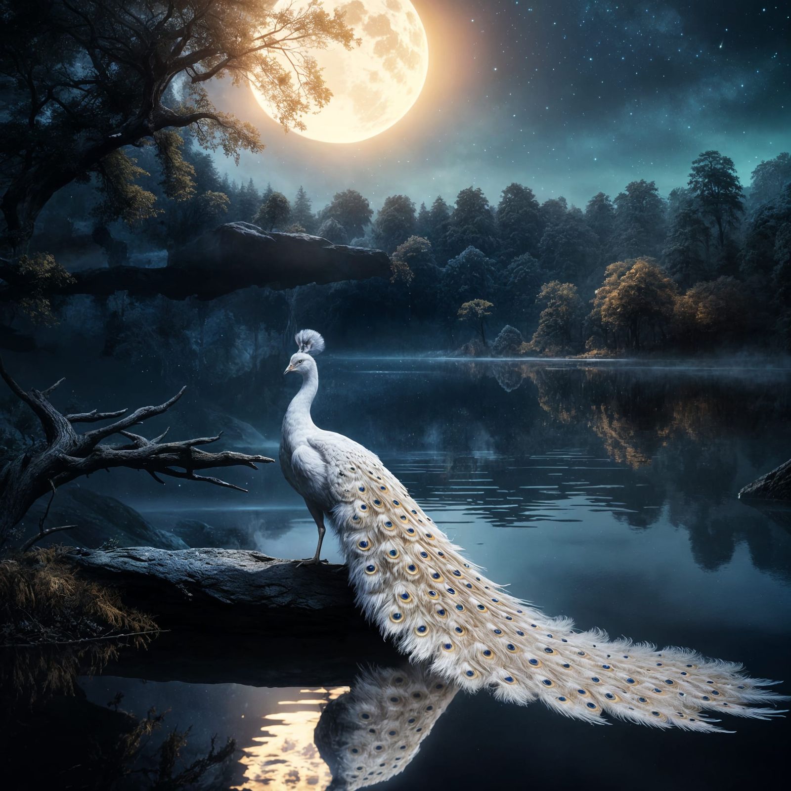 Elegant White Peacock Under Moonlit Night