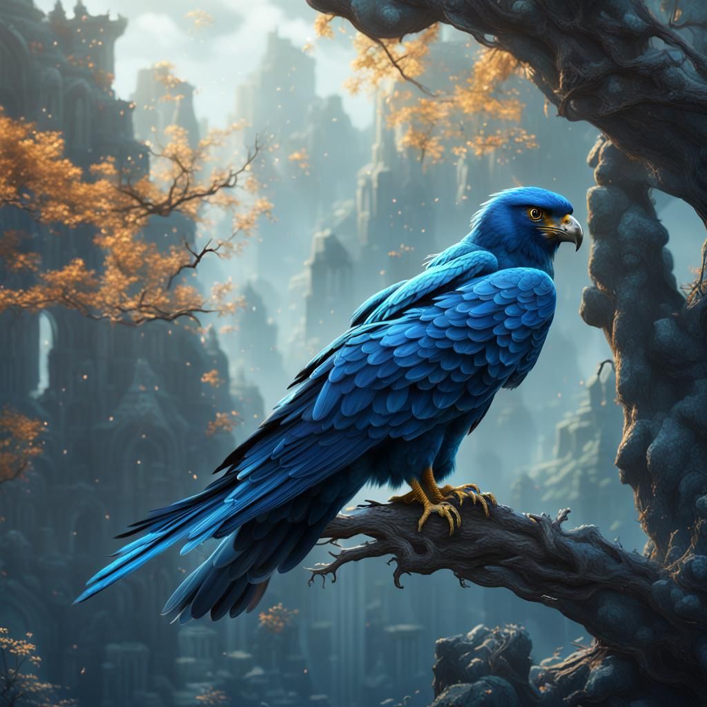 Blue Falcon on Branch: Detailed Matte Painting