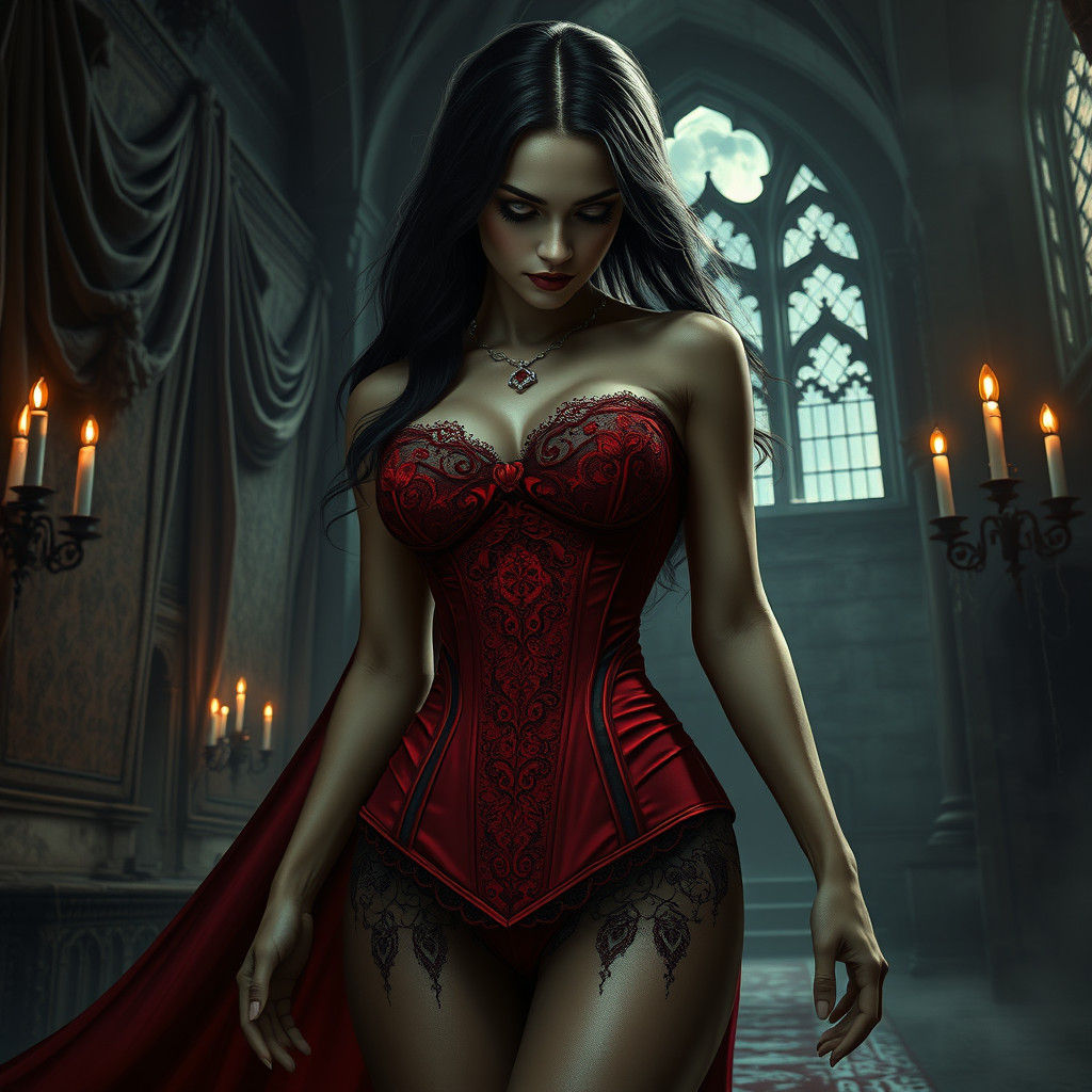 Crimson Vampire in Haunted Castle: Gothic Digital Painting