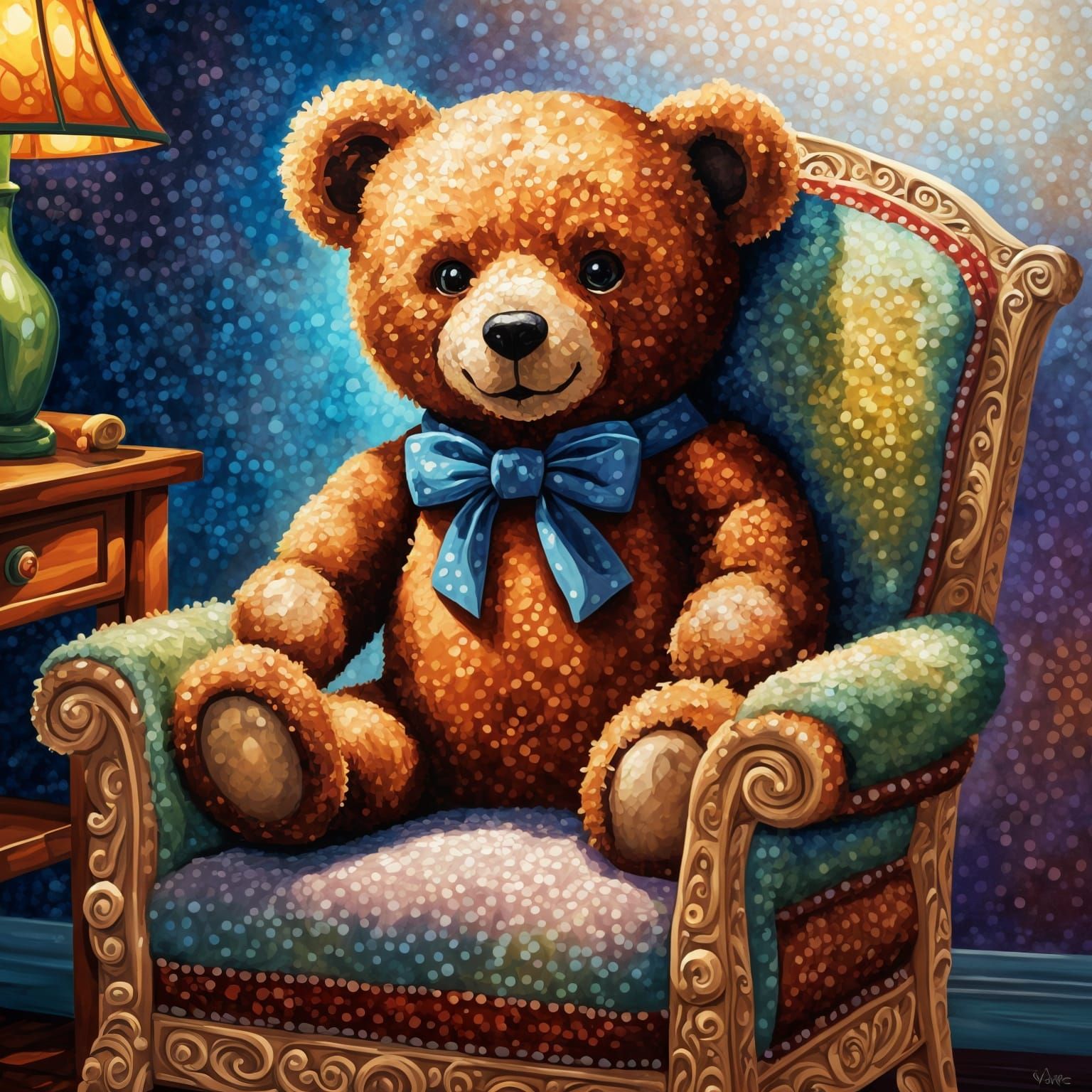 Pointillist Teddy Bear Oil Painting