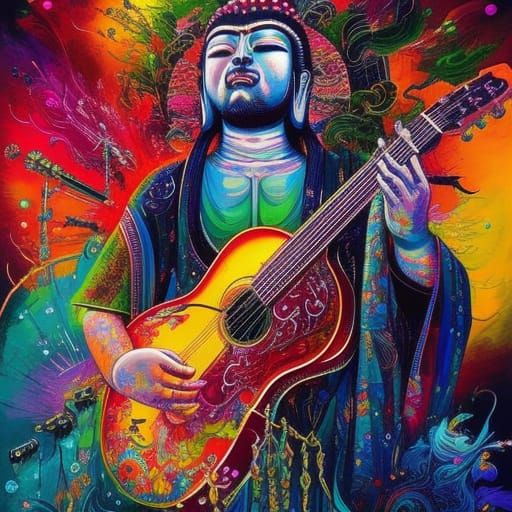 Jesus and Buddha Rock Band in Ink Drawing Style