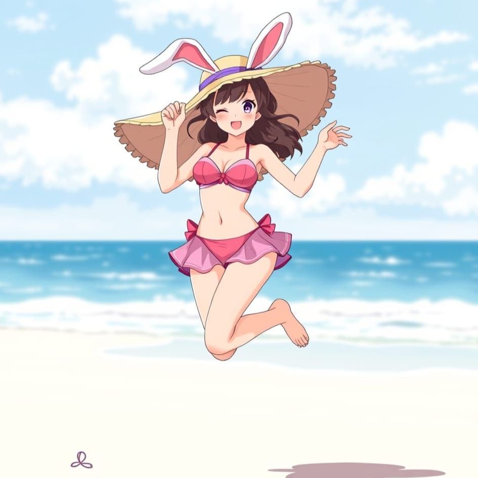 Anime Waifu in Pink Bikini Hopping on Beach