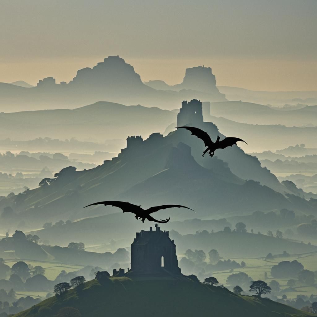 Wyvern Silhouette over Glastonbury Tor, Medieval Style