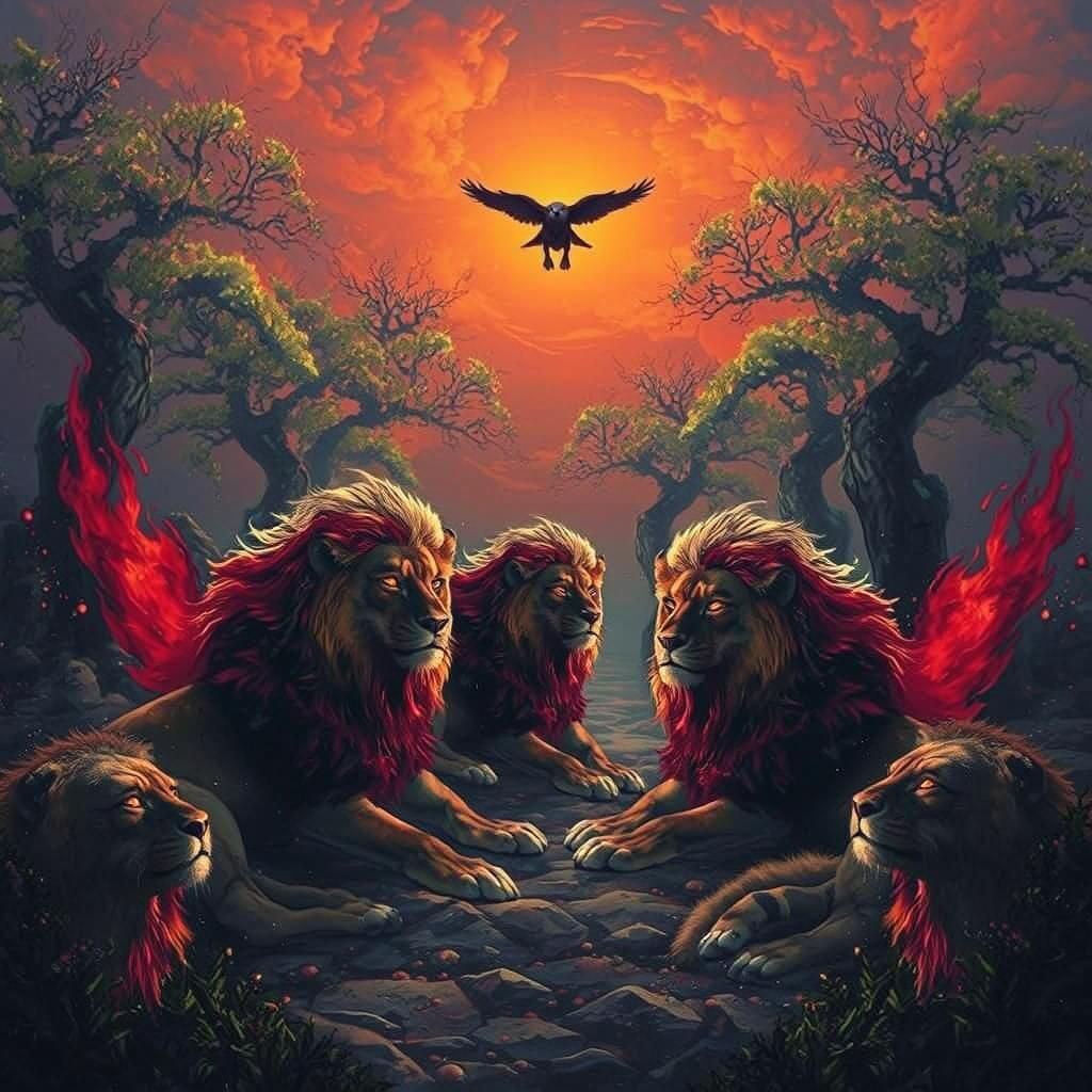 Majestic Flame Lions in a Dramatic Landscape