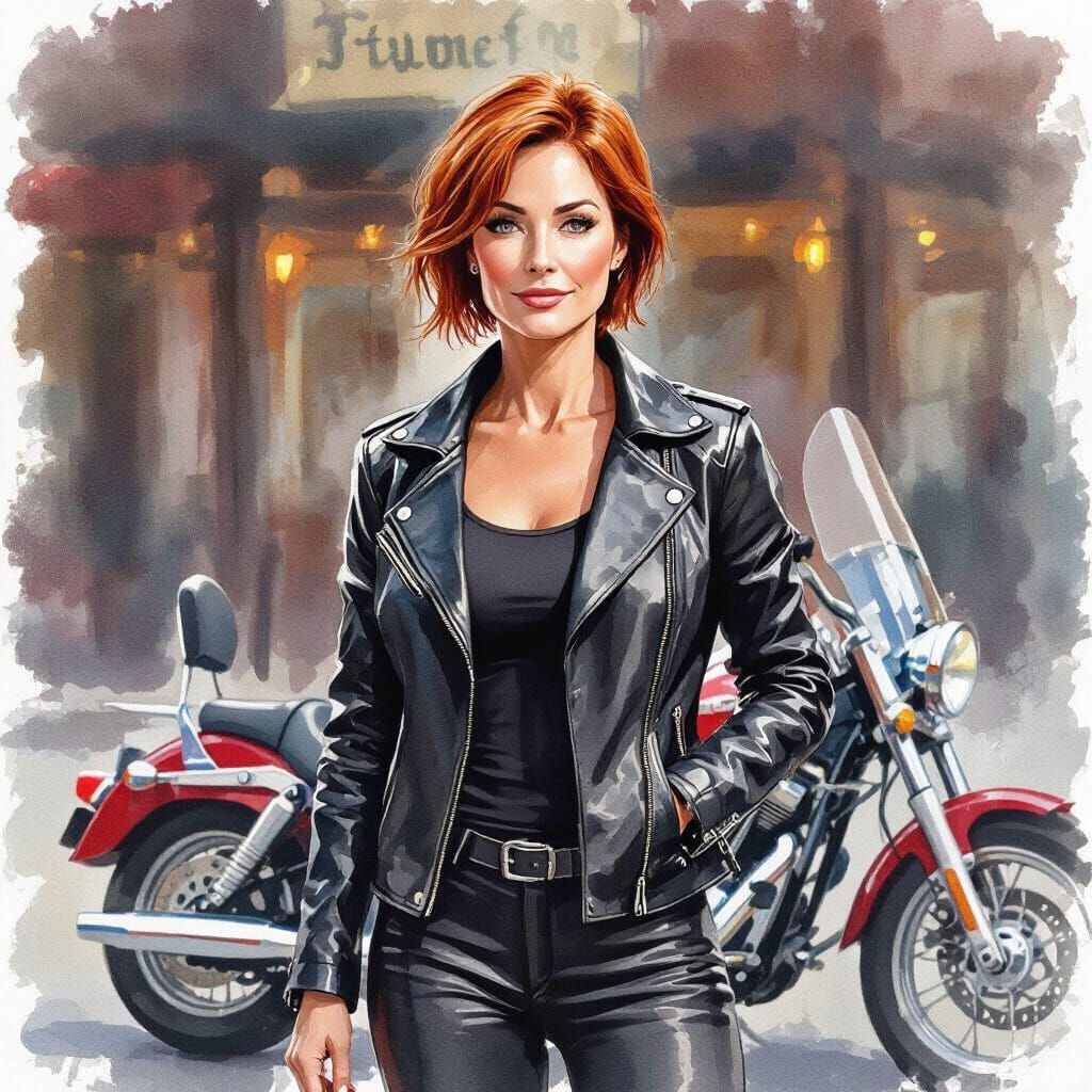 Impressionistic Watercolor of a Woman Biker in Leathers
