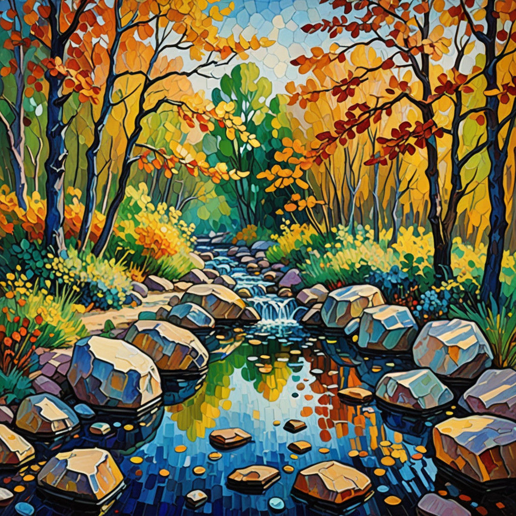 Vibrant Autumn Landscape with Gemstones, Creek and Bridge, N...