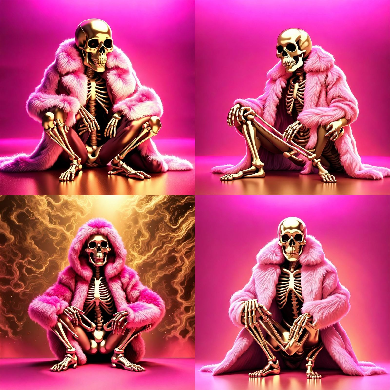 album artwork a pink glow skeleton squatting in fur coat fee...