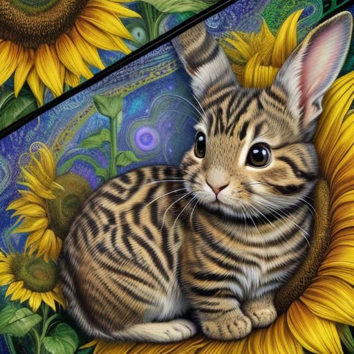 Rabbit and Sunflower Digital Art in Van Gogh Style