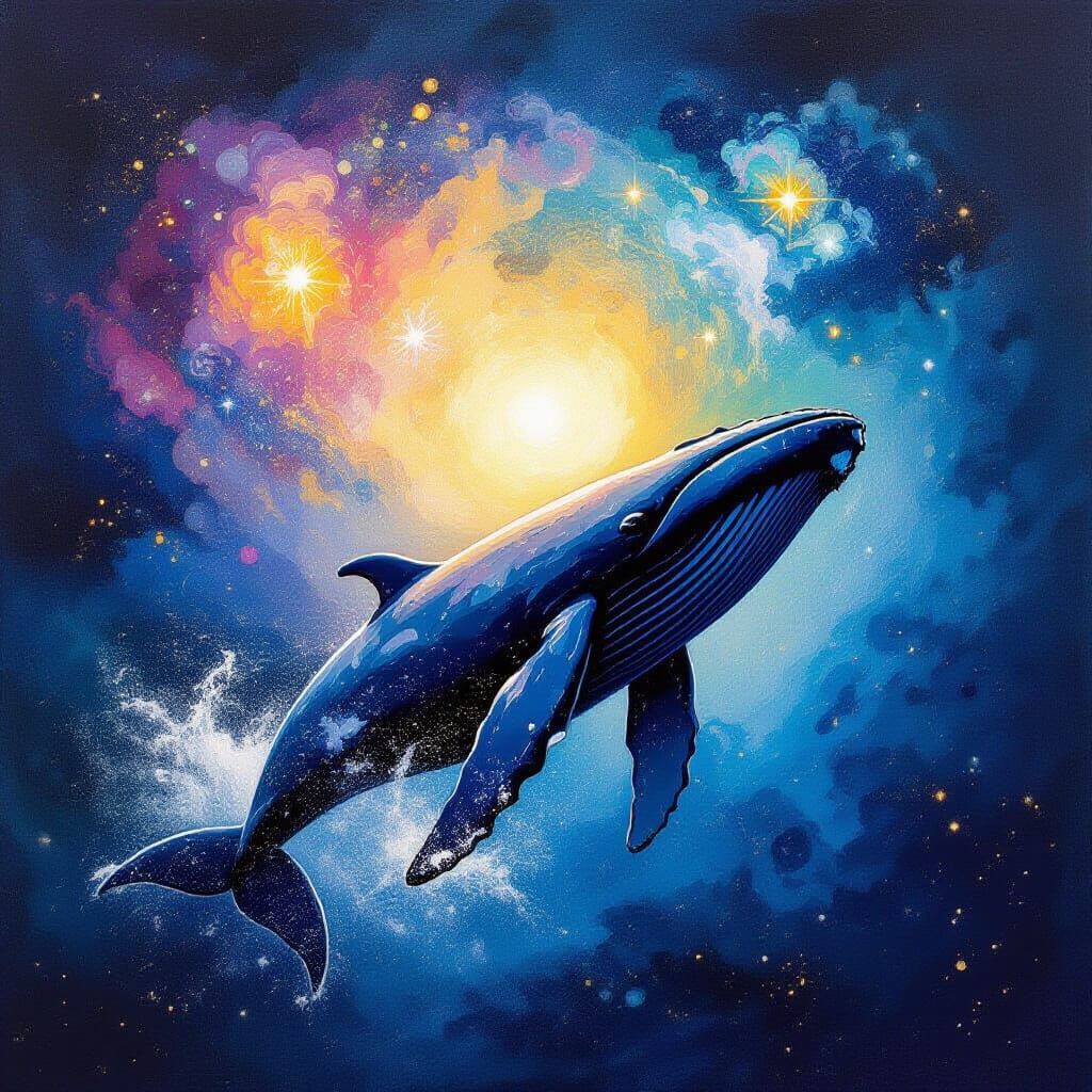 Humpback Whale Breaches Cosmic Sea in Abstract Expressionist...