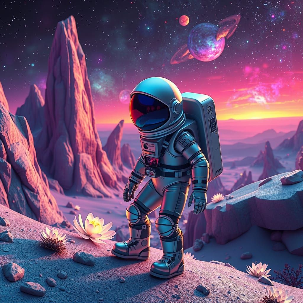 Astronaut Explores Alien Planet in 3D Illustration