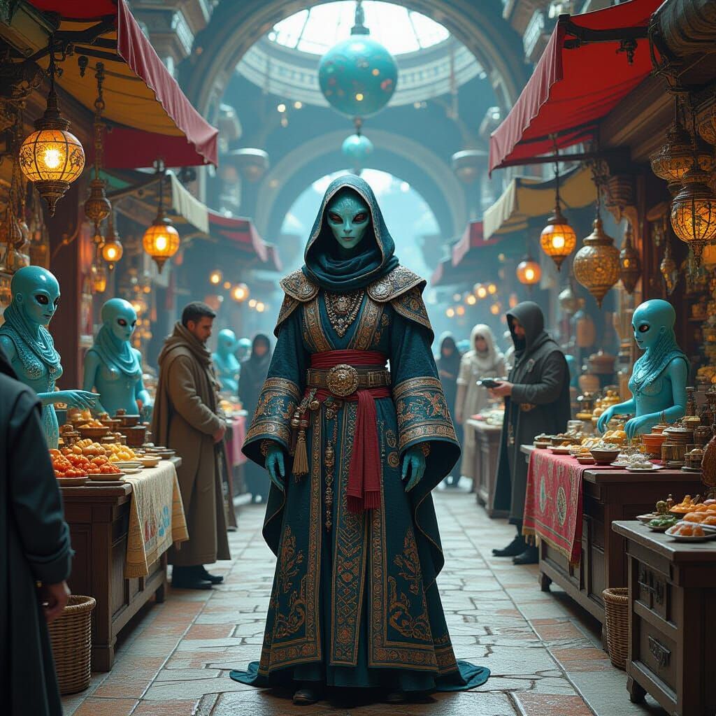 Bustling Interstellar Market with Alien Vendor