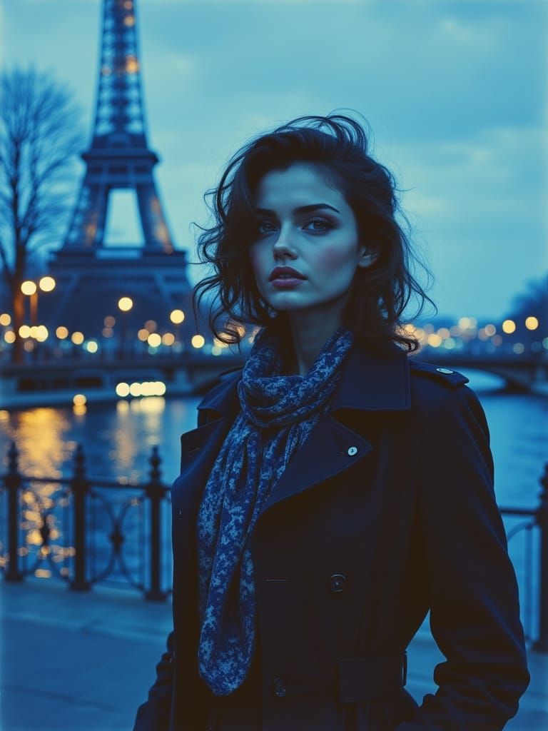 Timeless French Beauty Strolls Along the Seine at Twilight