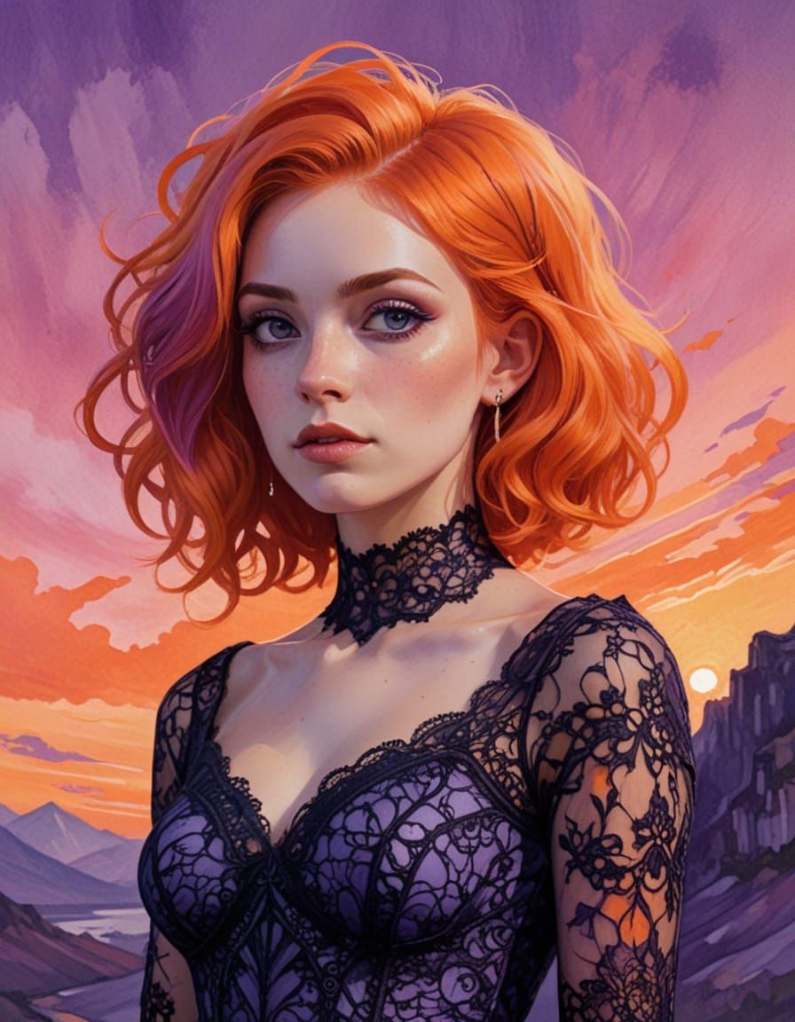 Gothic Woman Amidst Vibrant Sunset in Fitted Lace Dress