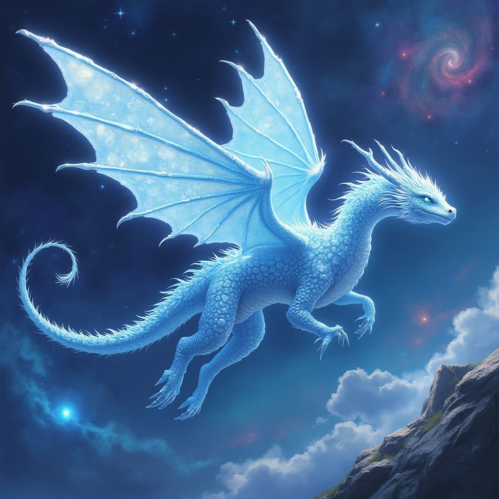 Anime Ice Dragon Soaring Through Vibrant Nebula