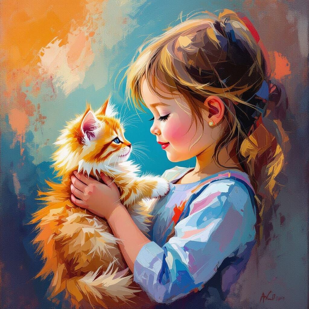 Girl Holding Kitten in Vibrant Abstract Art Style