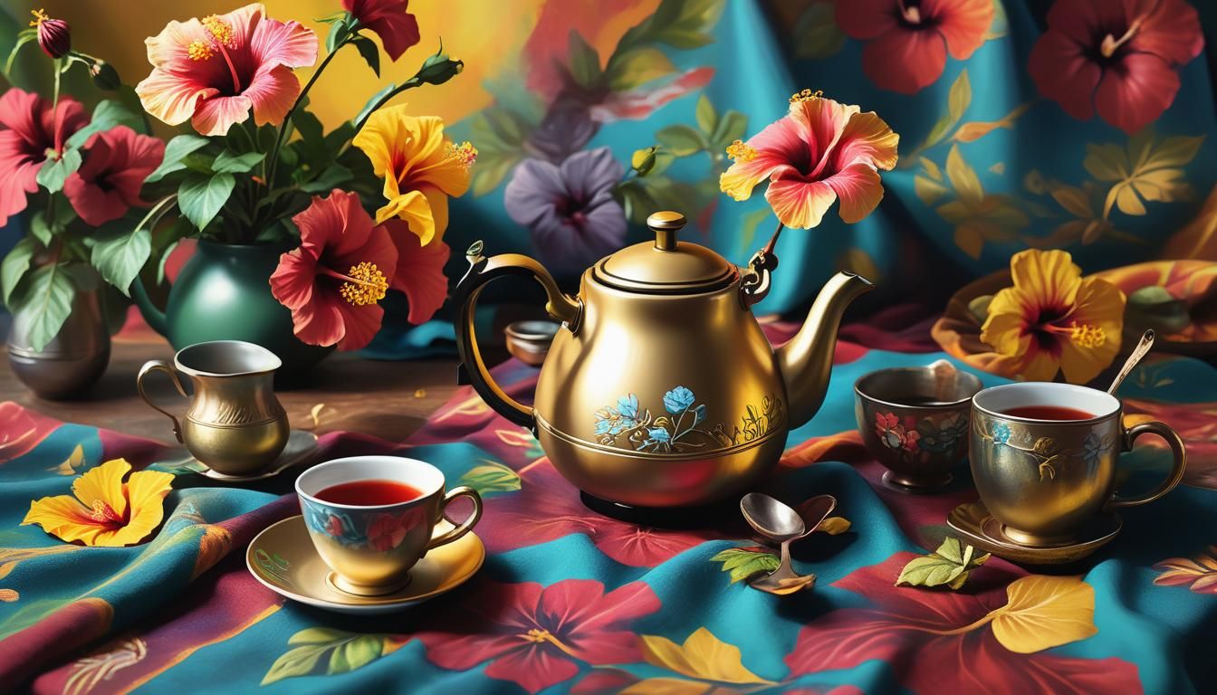 Whimsical Still Life with Hibiscus in Oil Paint Style