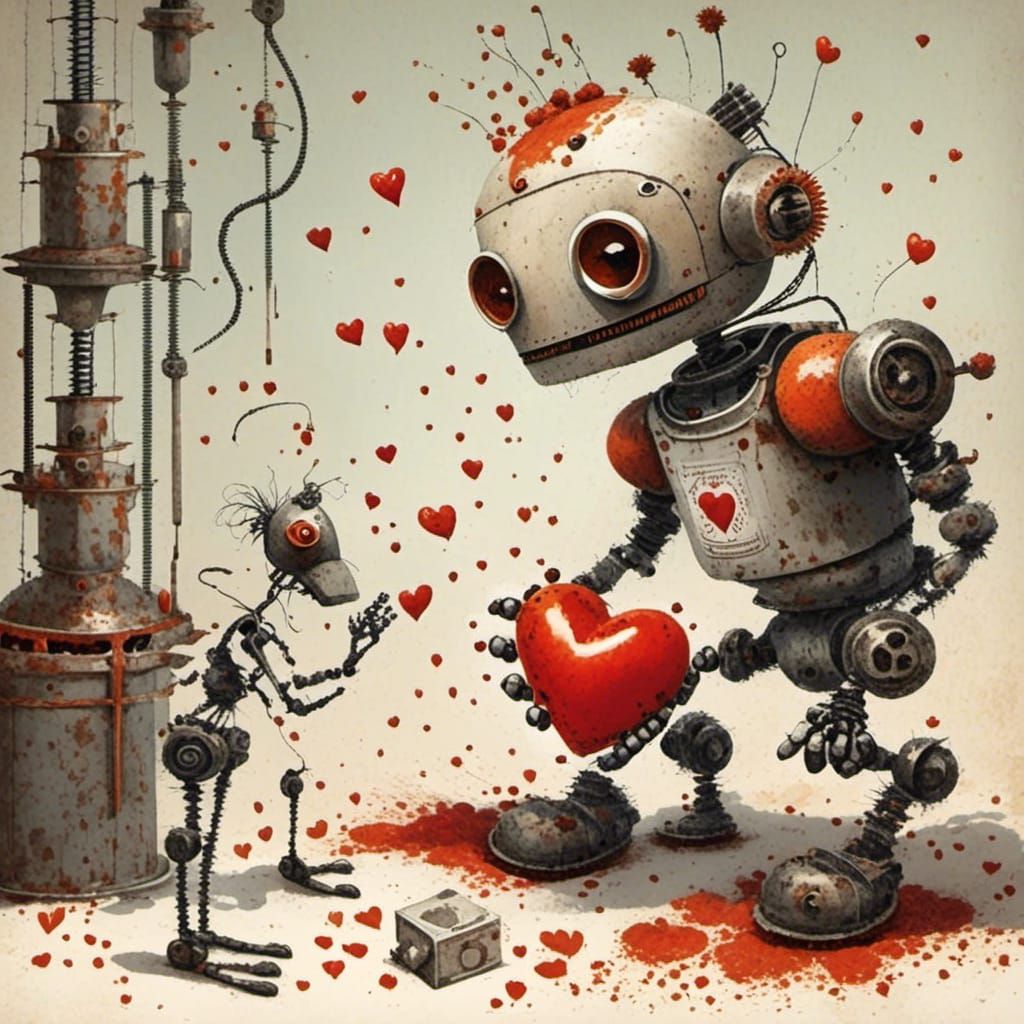 Cute Robot Builds Loveheart in Storybook Illustration